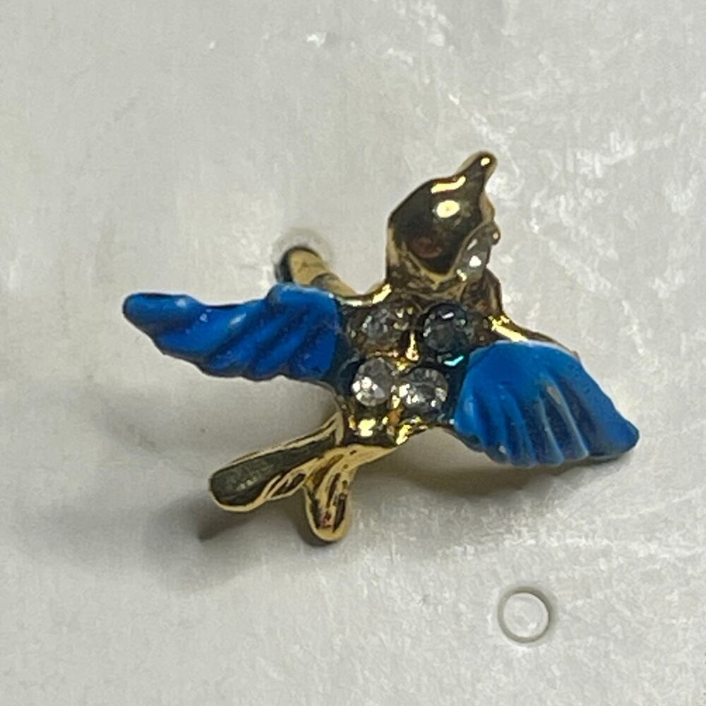 Vintage Alabaster Blue Bird of Happiness Crystal Gold Tone Lapel Pin USA